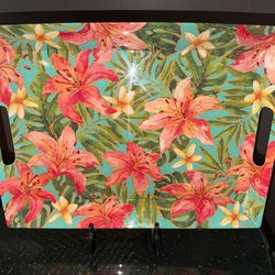 19.25”x14.5” LIKE NEW TOMMY BAHAMA GREEN & ORANGE FLORAL PLASTIC SERVING TRAY