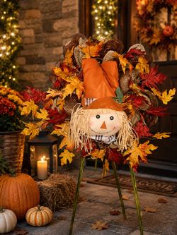 Fall Scarecrow Wreath with Faux Maple Leaves