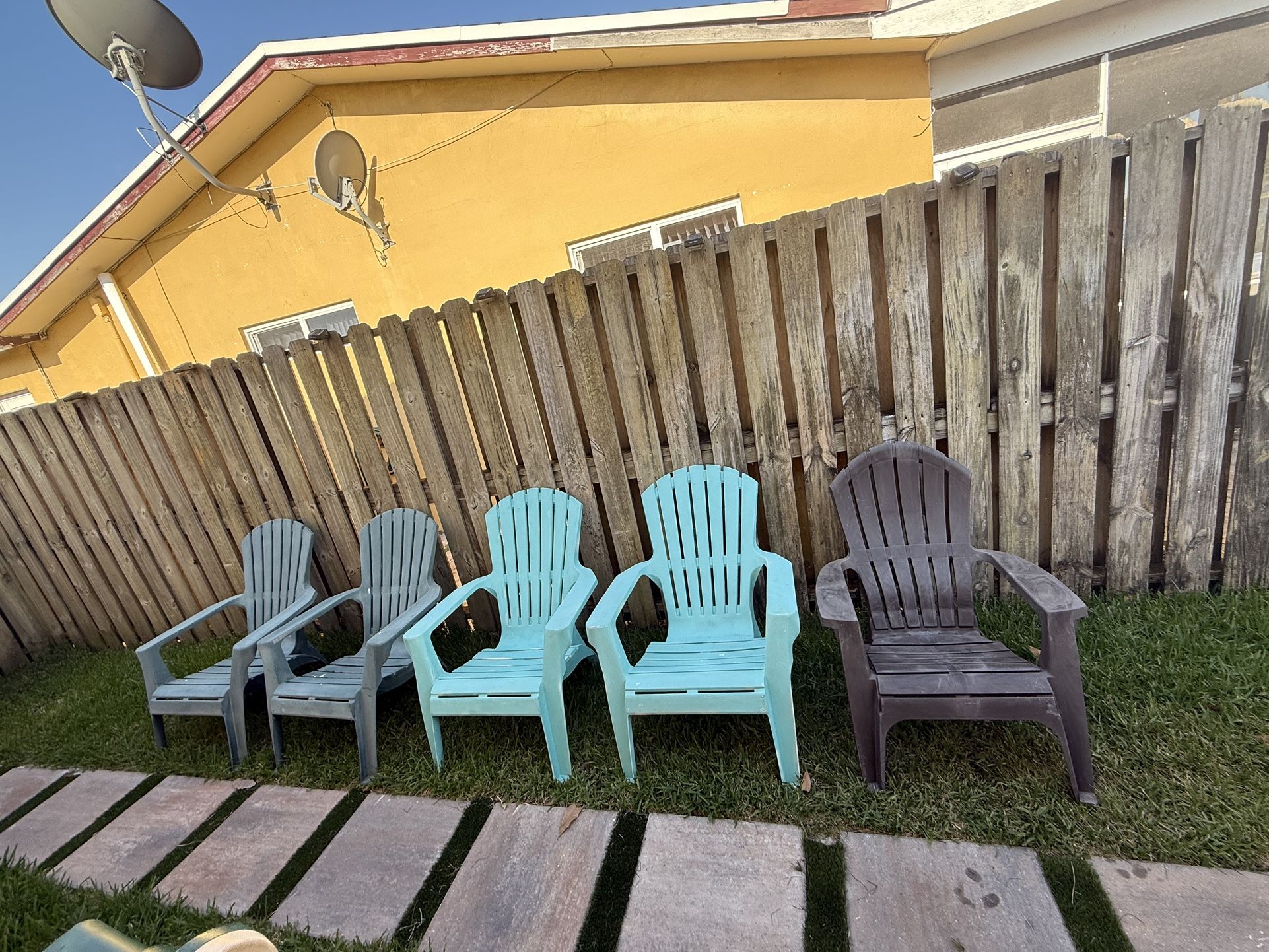 Five (5) Adirondack Outdoor Lounge Chairs, Assorted blue colors, stackable