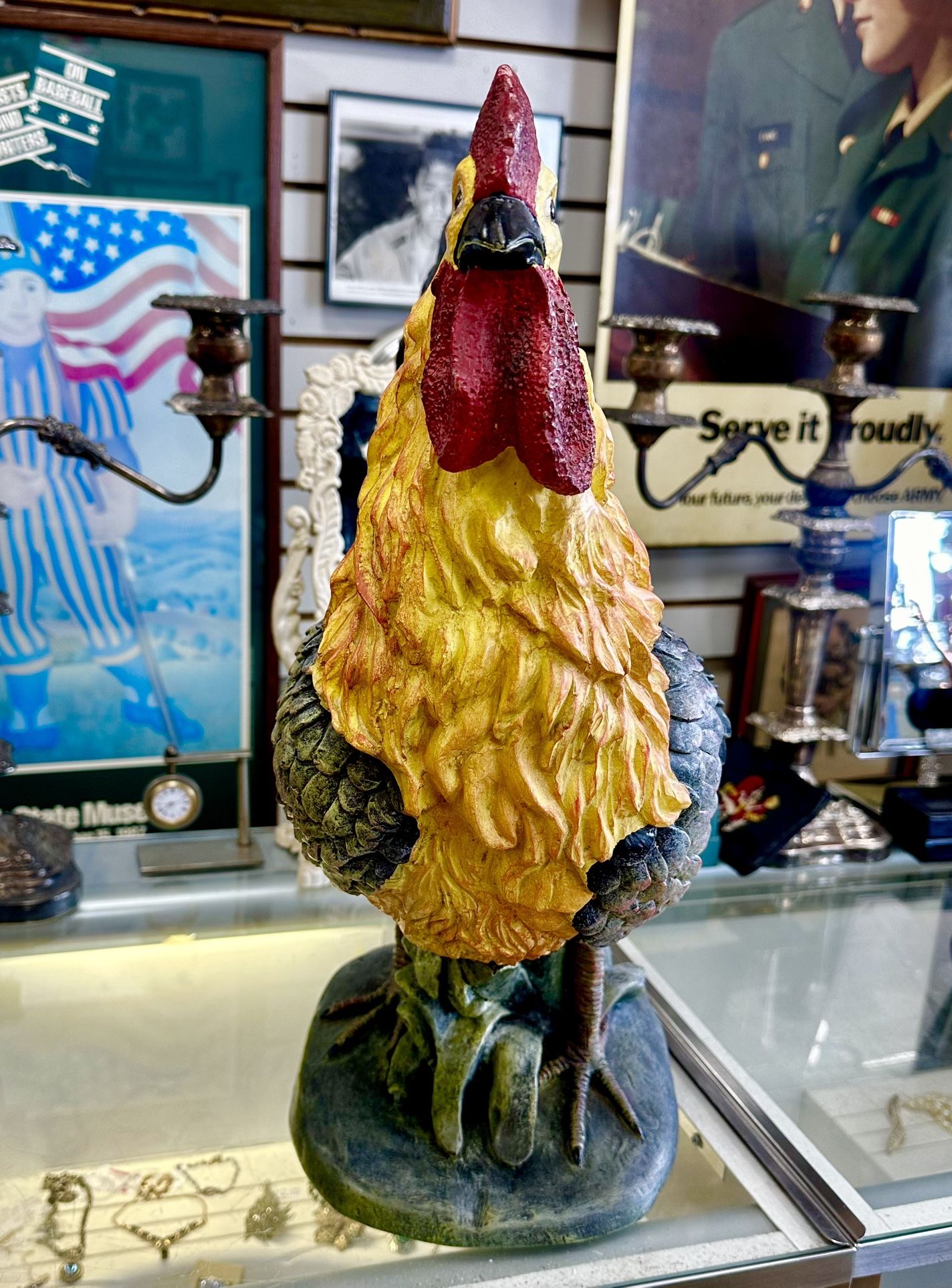 20” Huge Hand Painted Resin Vintage Country Rooster Statue Very Colorful