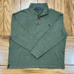 🐸 Dark Green PONY Mens LARGE Ralph Lauren POLO Long Sleeve Quarter Zip Vintage Dress Sweater Shirt