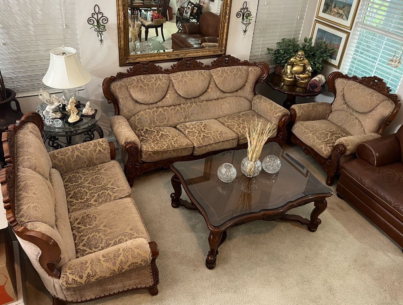 Couch Sofa Loveseat Chair 3-piece European-style living room set with carved wood upholstered seating. *AS-IS CUSHIONS NEED RESTORING. All 3 For $180!
