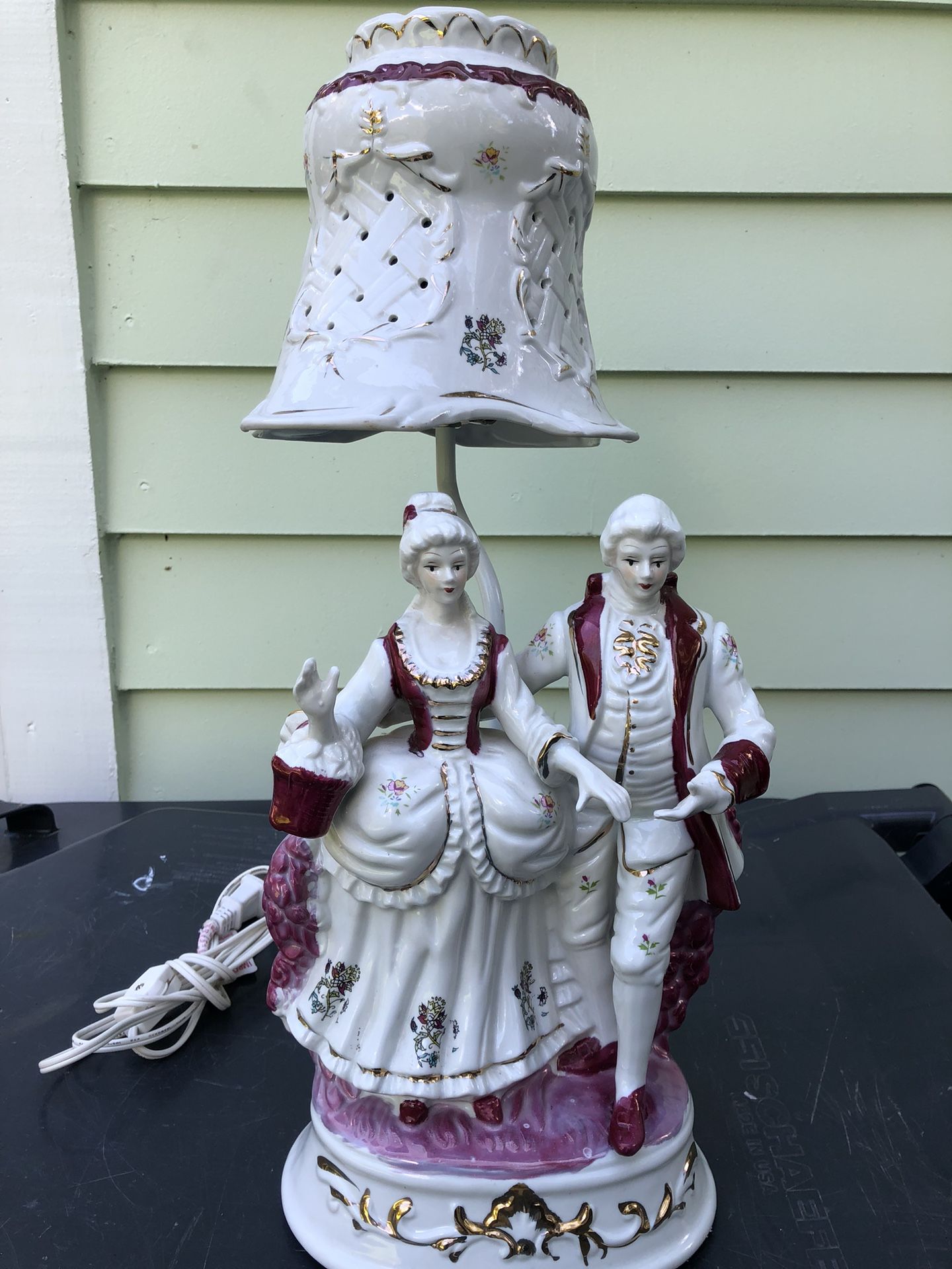 Porcelain Lamp With Shade, Victorian Man, And Lady