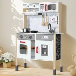 Play Kitchen Wooden Kids Kitchen Playset Pretending Toys for Toddlers with Real Lights & Sounds, 3 Heights Adjustable, Chalkboard, 35Pcs Toy Food & Co