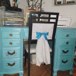 Make This Beautiful Antique Teal Wooden Desk And Reupholstered Metal Chair Yours TODAY!