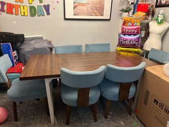 Wood Dining Table with 6 Blue Velvet Chairs