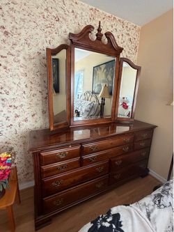 Dresser with Tri-Fold Mirror and Highboy Chest