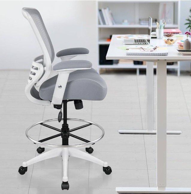 400lbs Mesh Ergonomic Drafting Chair,Tall Office Chair,Height Adjustable Armrest,Lumbar Support,Foot Ring,Swivel Computer Task Chair-Grey