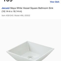 Jacuzzi Maya White Vessel Square Bathroom Sink (16.14-in x 16.14-in)