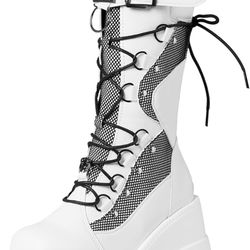 Women’s 8.5 Combat Boots White Mid-Calf Platform Boots