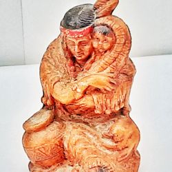Burwood Syroco wood 3" AMERICAN INDIAN w Papoose Grayling Mich. Souvenir Figurine