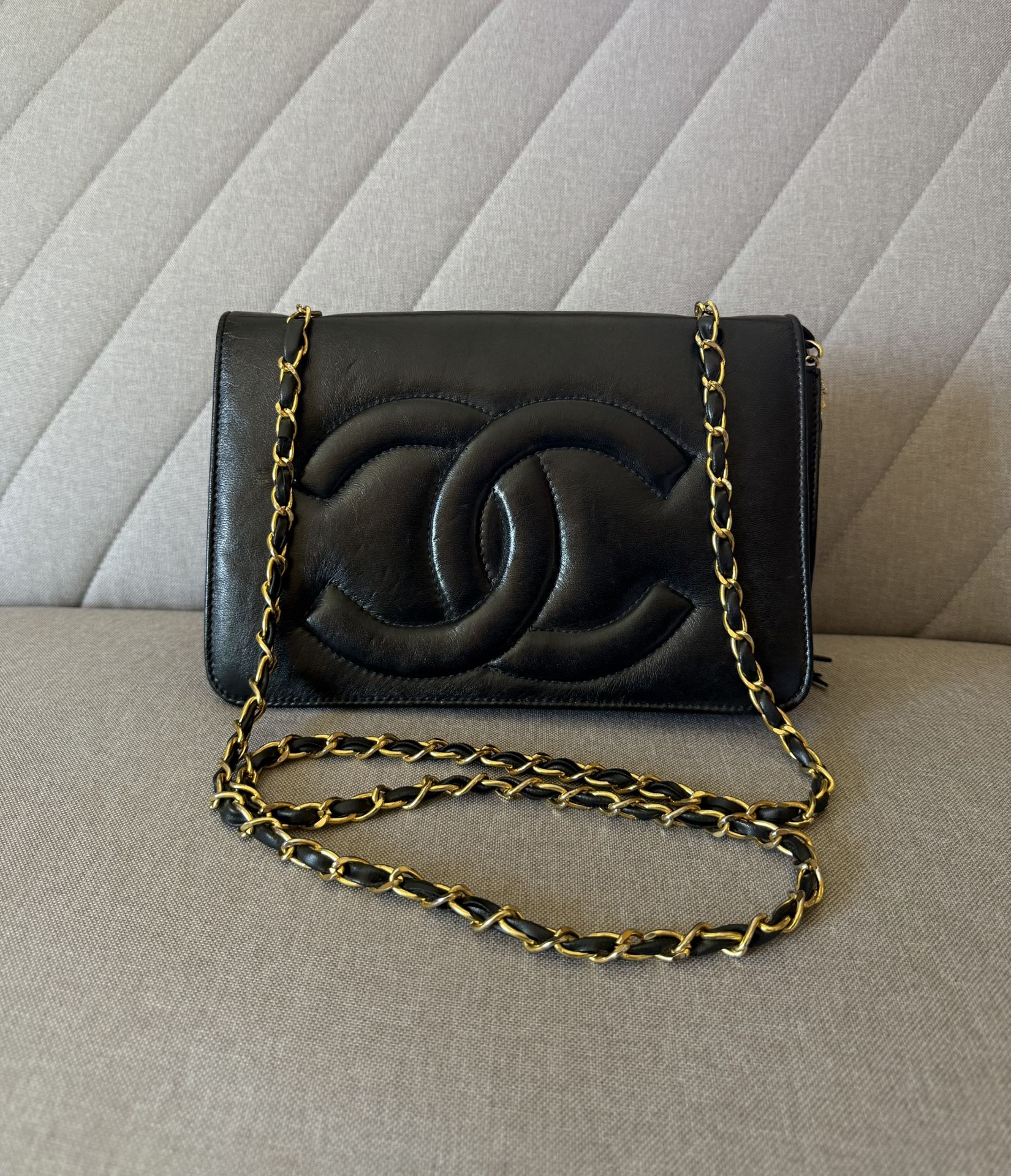 100% Authentic CHANEL Vintage Envelope Flap Bag – Black Quilted Leather with Gold-Tone Hardware