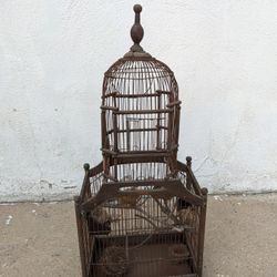Vintage Bird Cage Metal And Wood With Nests Inside