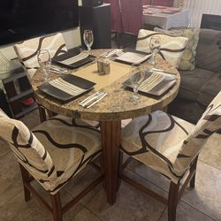 Brown marble top high bar dining table with 6 high bar brown leather chairs