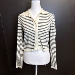 Rihoas Cream & Black Striped Knit Collared Cardigan Top Size Small
