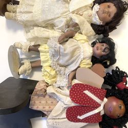 3 Vintage 14" African American Porcelain Doll Floral Retro Dress Set