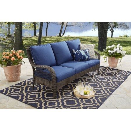 Better Homes and Gardens Colebrook Outdoor sofa, seats 3 Blue Description:All-weather wicker sofa Cushions included Sturdy steel frames Sofa supports