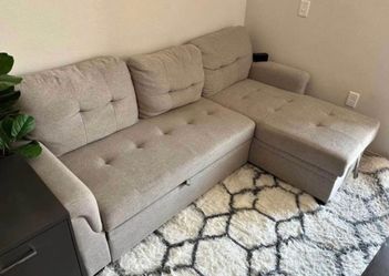 Light Gray Sleeper Sectional Sofa with Bed Pullout and Reversible Storage Chaise