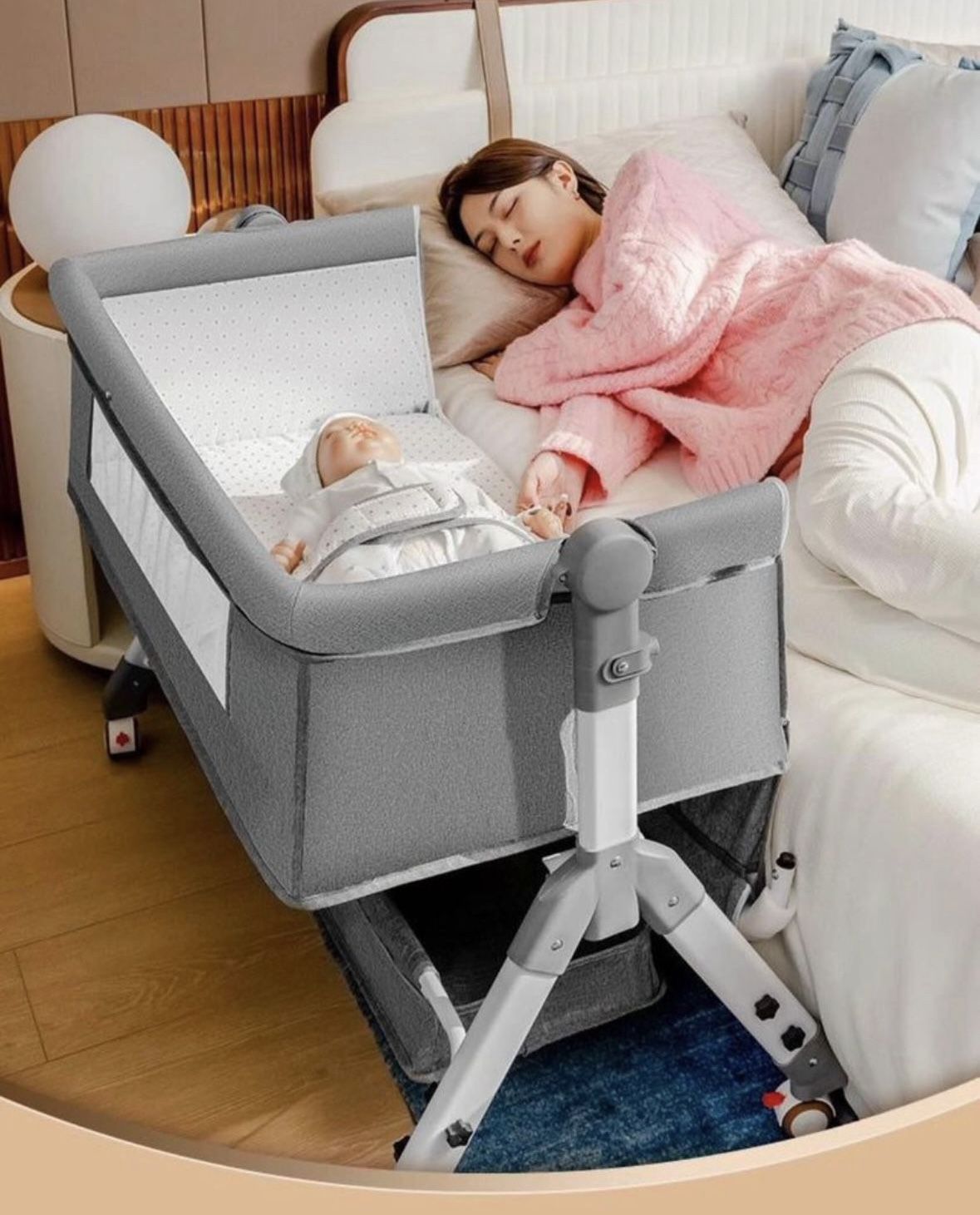 Baby Crib, Easy Folding Portable Crib, Bedside Bassinet, Adjustable Height,Comfy Mattress Included,