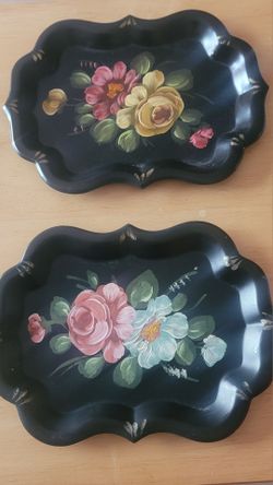 Vintage Tole Painted Metal Tray: Hand Painted Floral Design, Black Scalloped Edge