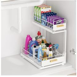 Under Sink Organizer, L-Shaped Pull Out Cabinet Organizer, 2-Tier Under Sink Slide Out Shelf - Metal Sliding Drawer for Kitchen, Bathroom, Pantry Whit