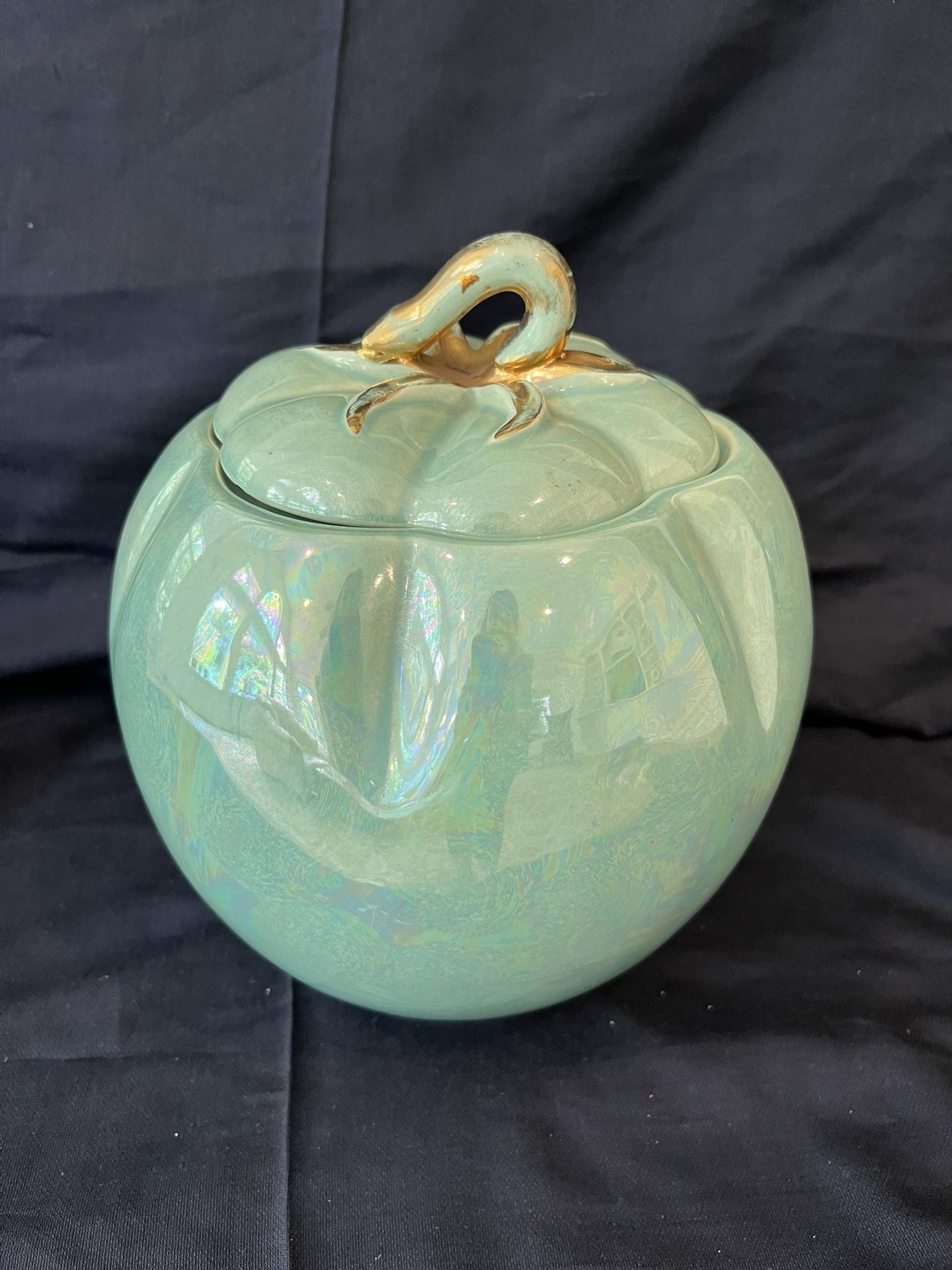 Vintage Blue / Green Turquoise Tomato or Pumpkin Luster Cookie Jar