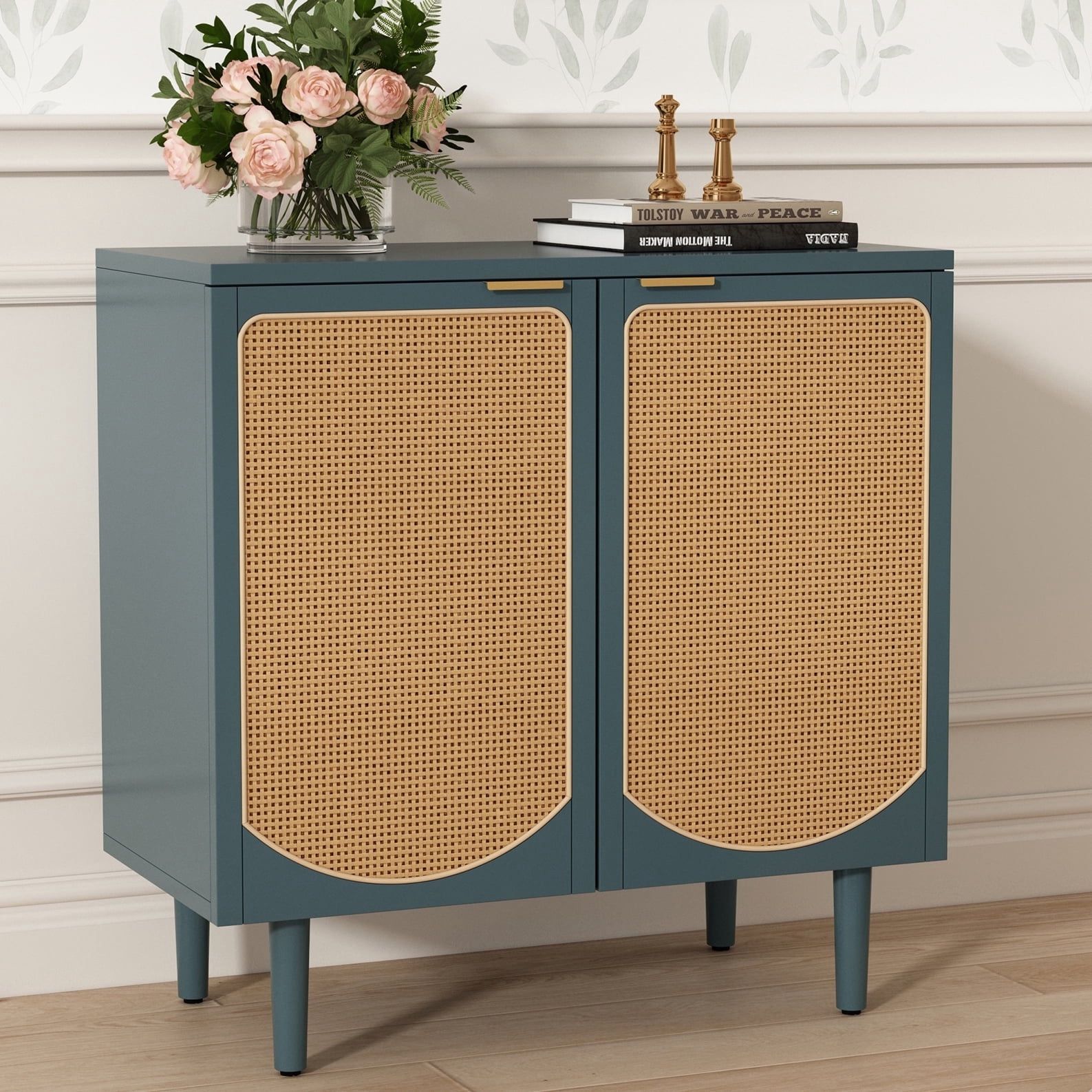 Accent Storage Cabinetwith 2 Rattan Doors, Sideboard Buffet Cabinetwith Shelves, Free Standing TV Console Table with Storage, Modern Teal Cabinet for 