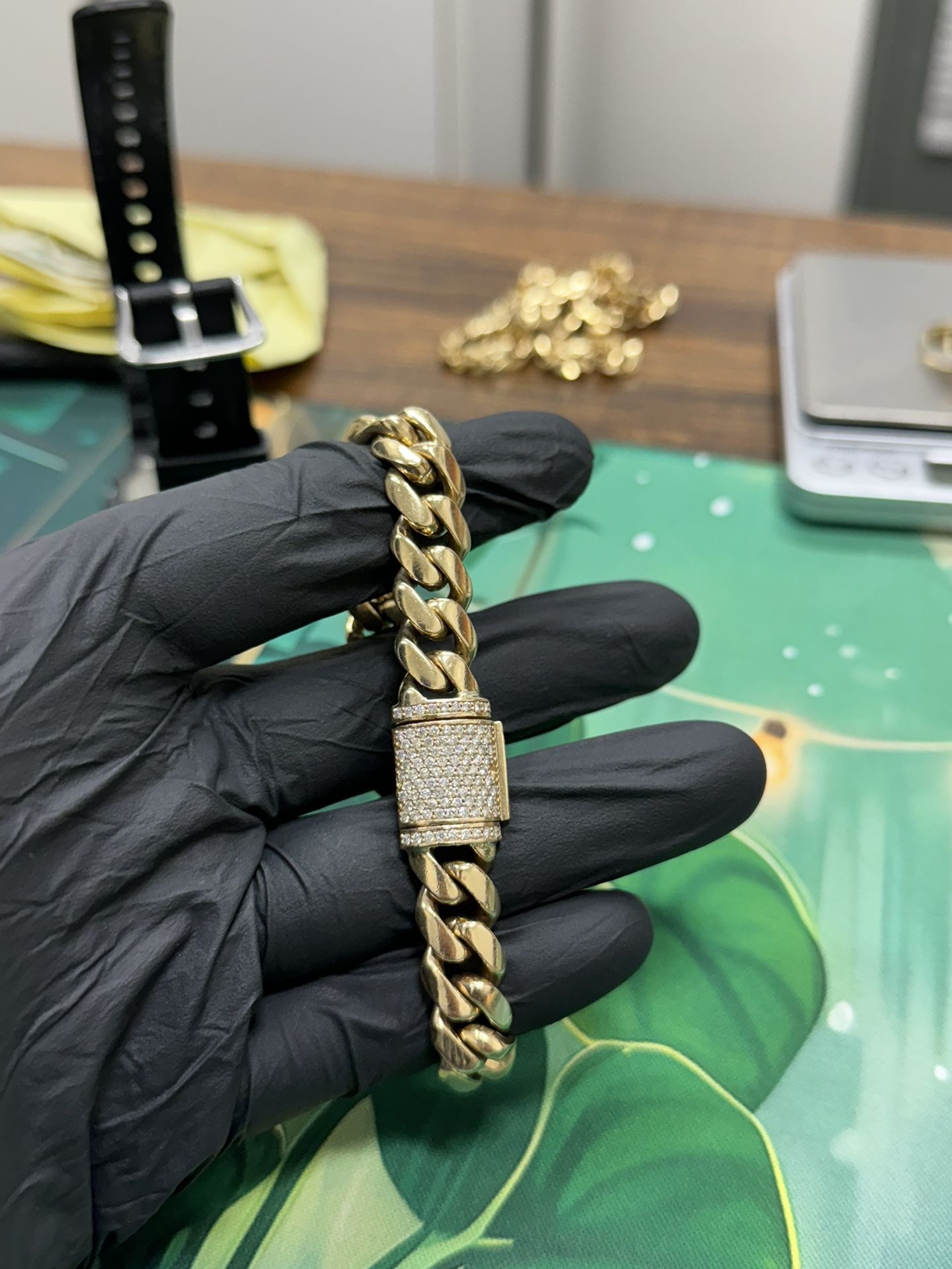 14kt Solid Miami Cuban Link Bracelet With Natural Diamond Lock