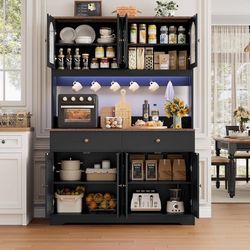 HIFIT 71" LED Kitchen Pantry Cabinet with Power Outlet, Large Kitchen Hutch Storage Cabinet with Arched Door & Shelves & 2 Drawers, Tall Farmhouse Cof