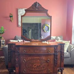 Antique Inlaid Herman Miller Chest of Drawers Dresser Commode with Mirror