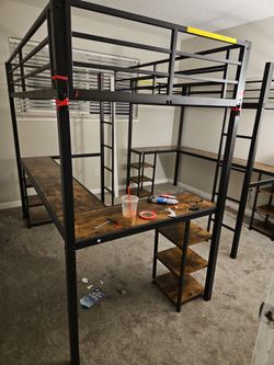 2 Metal Loft Bunk Bed Frames with Desk, Shelves & Desk Chairs