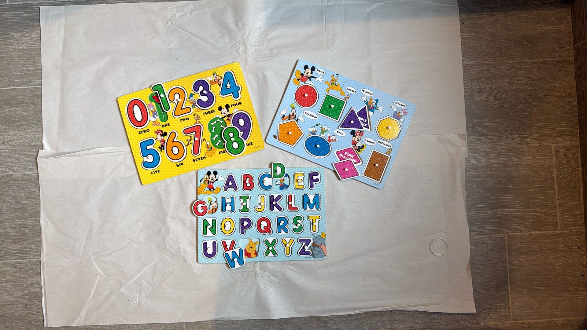 Melissa & Doug Disney Mickey Mouse Clubhouse Numbers Wooden Peg Puzzle (10 pcs) + Shapes (8 Pcs) + ABCs (26 Pcs)