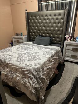 Ashley Furniture Grey Tufted Faux Diamond Queen Bed