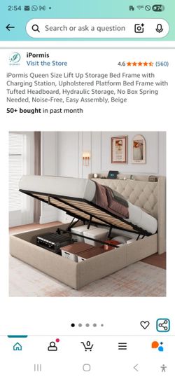 Queen Size Lift Up Storage Bed Frame w Charging Station