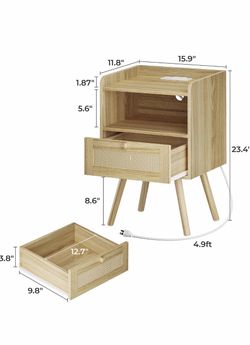 Rattan Nightstand with Charging Station 2pcs set