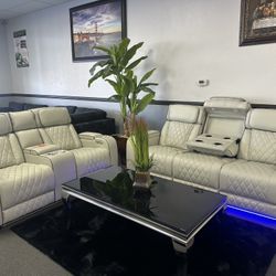 Leather Sofa & Loveseat Power Recliners & Headrest + Wireless Charging 