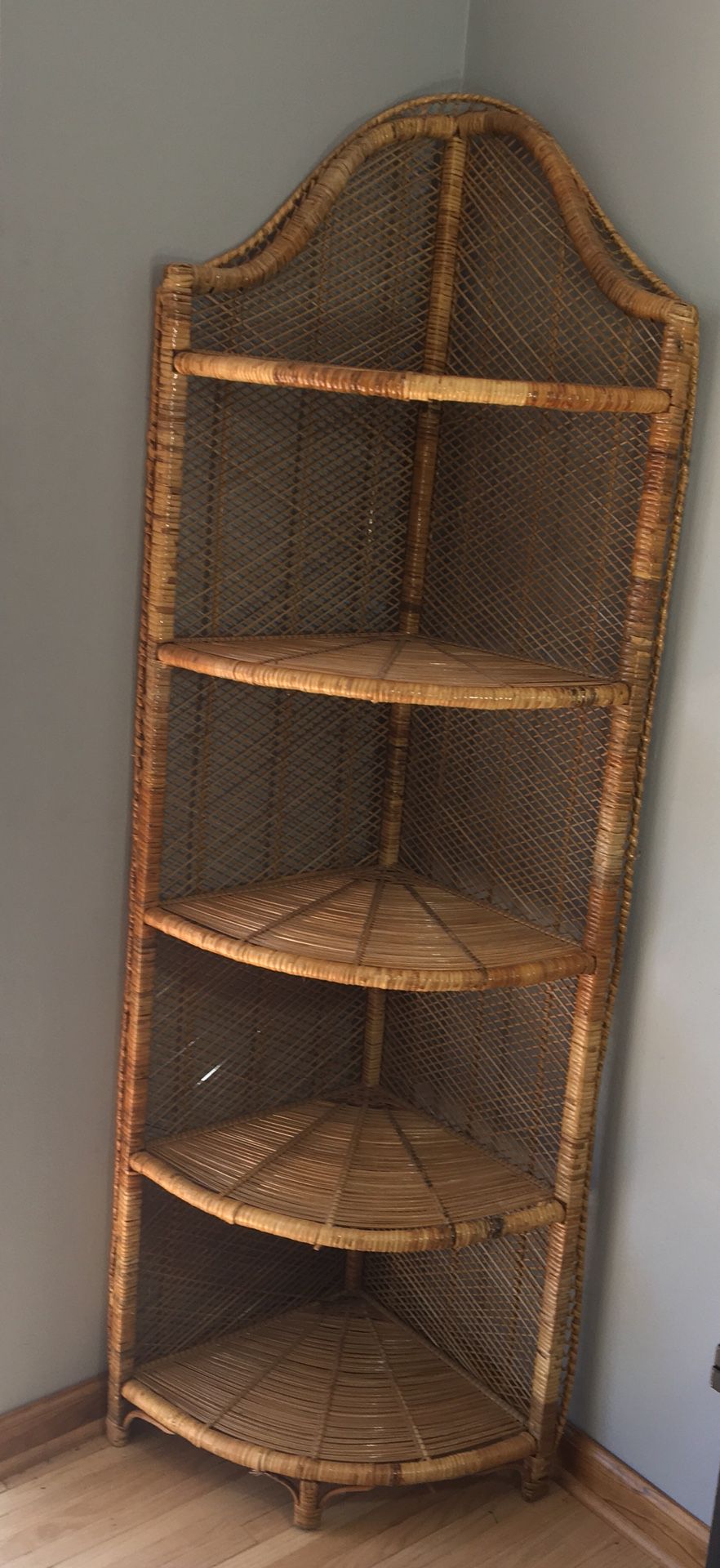 Tall corner wicker Rattan shelving unit like peacock style for Sale in
