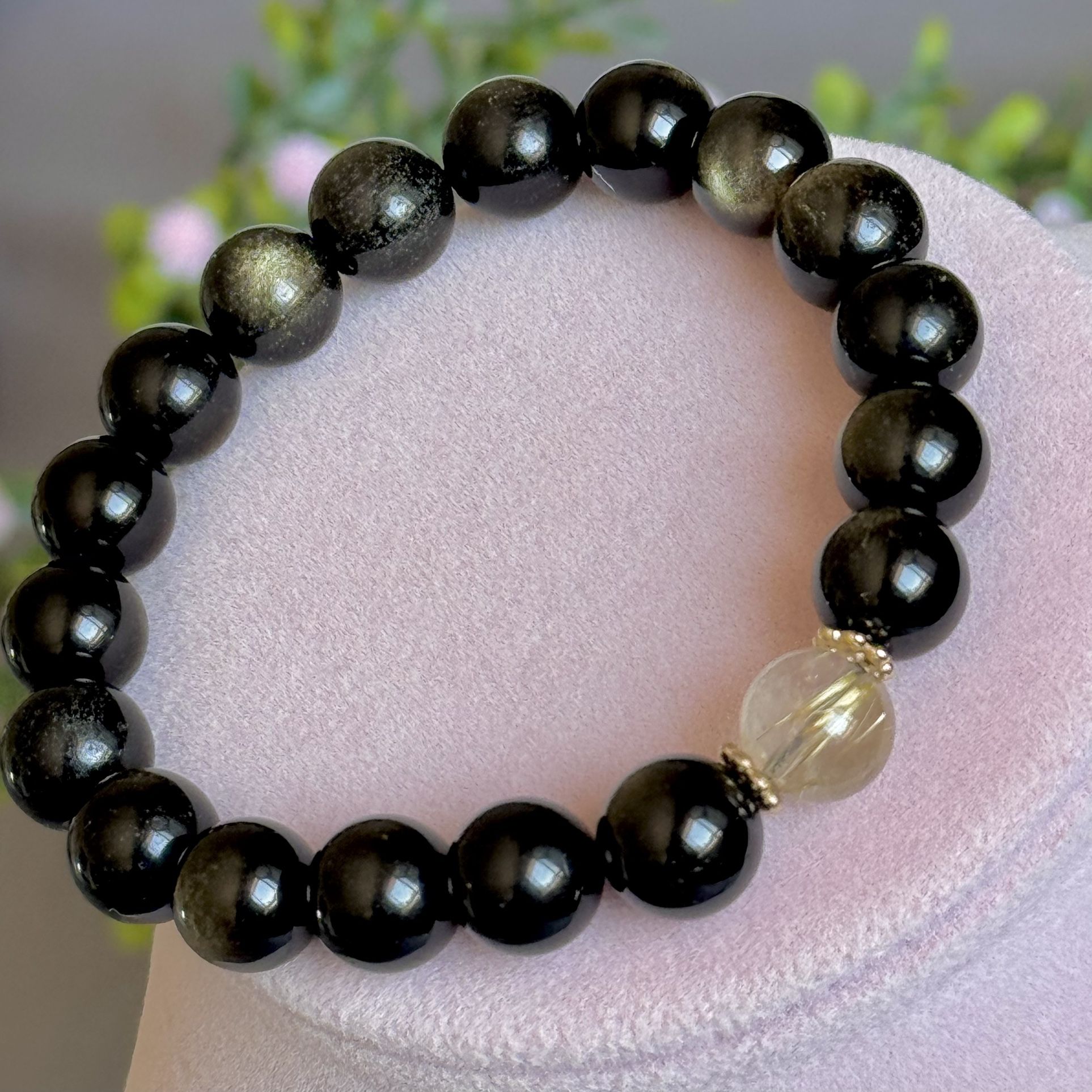 Black Obsidian Stretchy bracelet 🖤 with 1 Rutile Quartz bead 
