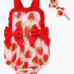 Strawberry Baby Ruffles Bodysuit Romper And First Birthday Crown 