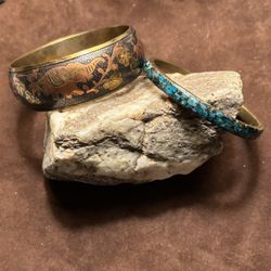 Vintage Brass Bangle Pair – Elephant Motif & Turquoise Inlay