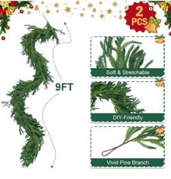 2Pcs 9FT Christmas Garlands, Real Touch Norfolk Pine Garland Artificial Mix Green Full Evergreen Garland for Mantle, Fireplace, Table,Wall, Stairs & O