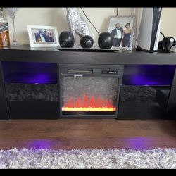 Black TV Stand with Electric Fireplace & LED Lights