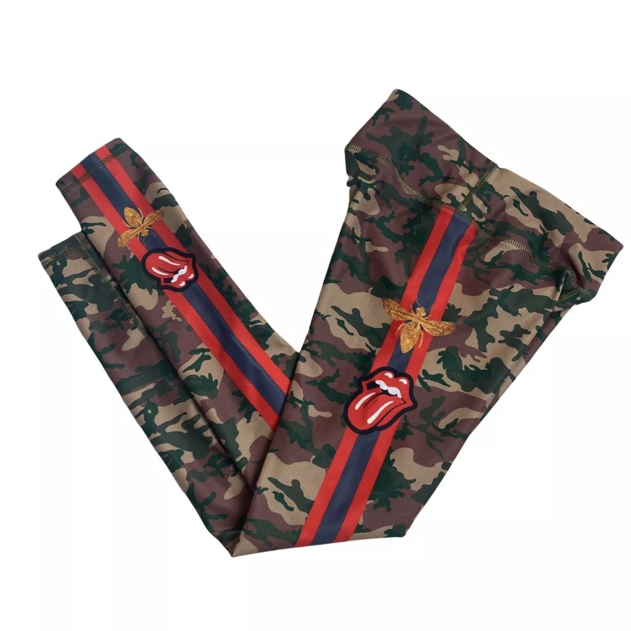 Shape Up Active Wear Camo Rolling Stones Tux Stripe Brazil Yoga Pants Stretch.   26.5” inseam  9” front rise  