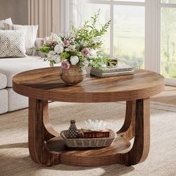 Tribesigns Round Coffee Table, 2-Tier Circle Coffee Table with Storage, Modern Wooden Accent Center Table for Living Room, Thick Tabletop & Base, Dark