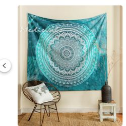 Ombre Mandala Tapestry: Turquoise Green Boho Decor (60x54 Inches