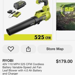 RYOBI 40V 110 MPH 525 CFM Cordless Battery Variable-Speed Jet Fan Leaf Blower   40V     110 mph  with 4.0 Ah Battery and Charger   new in b
