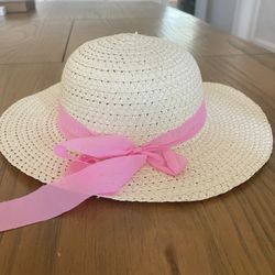 Womens Summer Beach Straw Hat With Sheer Pink Ribbon Decor