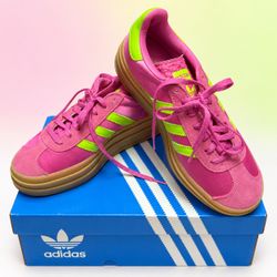 Adidas Originals Pink Suede Sneakers with Neon Stripes