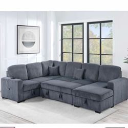 4 Piece Convertible Sectional Sleeper Sofa, Chaise Storage, Sofa Storage And USB Port 