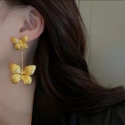 Gold Butterfly large drop dangle earrings womens gift
